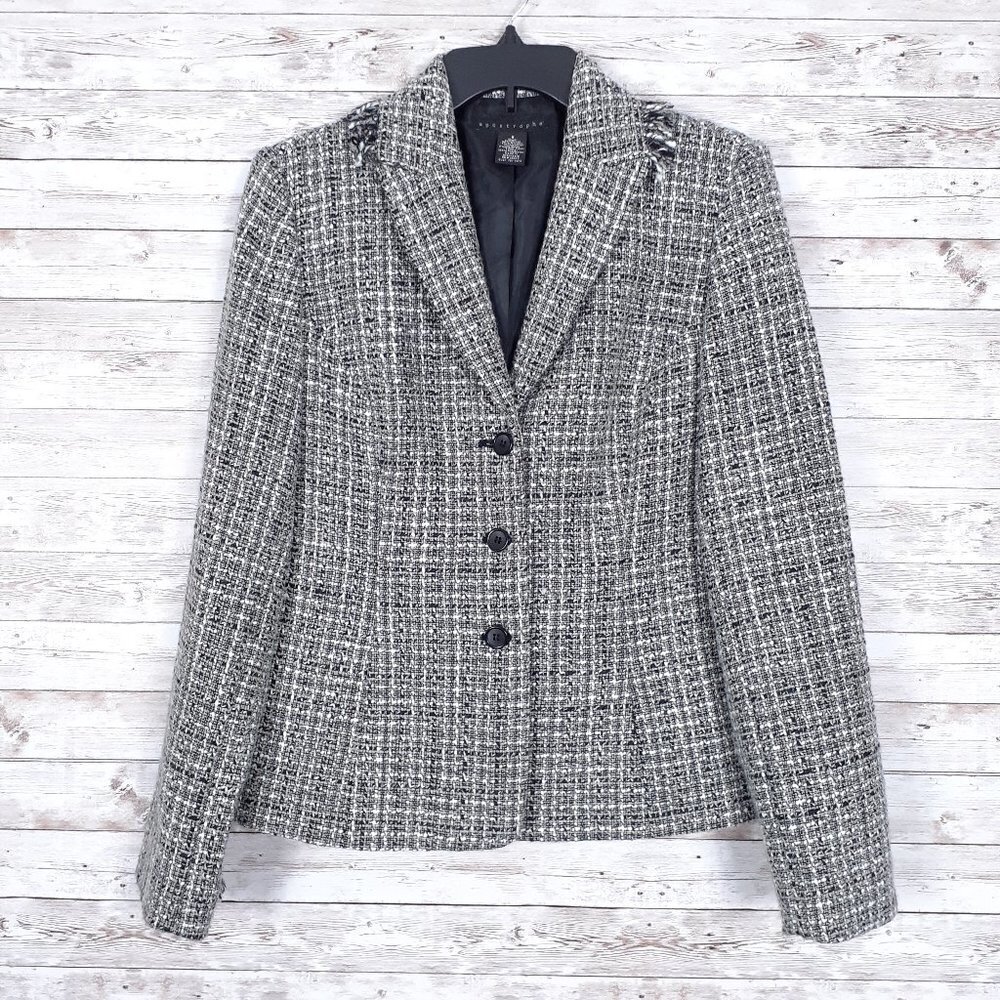 Apostrophe Womens Wool Blazer Size 8 Tweed Black Gray 608
